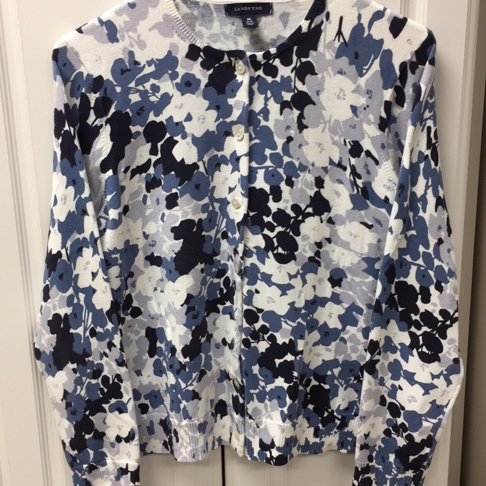 Land’s End Blue Floral Cardigan, M